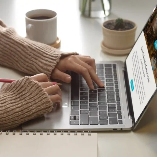 Imagen de una persona trabajando en su laptop mientras revisa los entregables del proyecto SEO para Sallet Al Sayad, desarrollado por Macaw Digital Pro para mejorar la visibilidad y el posicionamiento online del restaurante en Dubái.