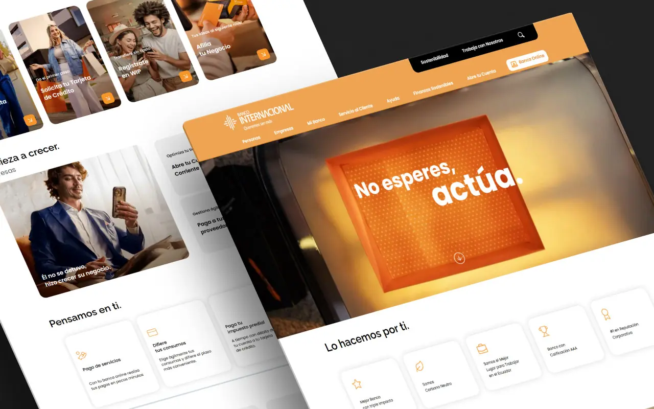 Portada web del Banco Nacional Ecuador, mostrando su propuesta de servicios financieros digitales con el mensaje 'No esperes, actúa', invitando a los clientes a tomar acción con productos y servicios bancarios innovadores Con Macaw Digital Pro